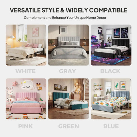 Queen Velvet Upholstered Bed Frame With Tufted Headboard, Adjustable Three Tier Metal Platform Base, Sturdy Metal Slats, Straight Up Noise Free Assembly, Dope White Vibe For Your Main Bedroom in various colors including white, gray, black, pink, green, and blue.