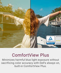Split image showing ComfortView Plus feature reducing blue light on a monitor with TÜV Rheinland certification badge, scenic boat view.