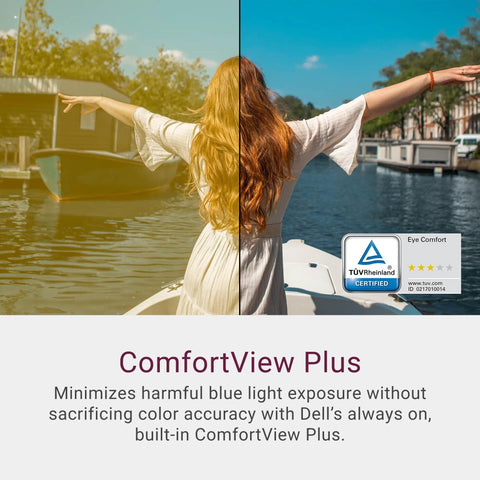 Split image showing ComfortView Plus feature reducing blue light on a monitor with TÜV Rheinland certification badge, scenic boat view.