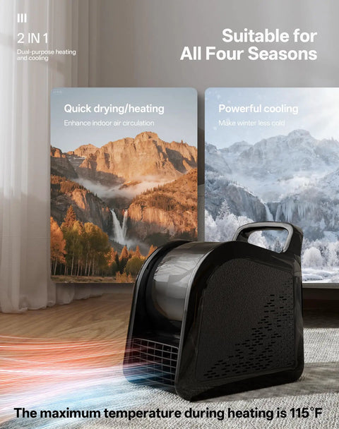 Floor Drying Air Mover With Warm Breeze And UV Lamp in room, showcasing dual air mode for all seasons, powerful cooling and heating