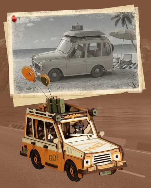 Dope Pendulum Balance Toy 3D Wooden Puzzle Kit For Adults, retro orange wooden road trip car with luggage, front angle