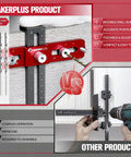 Comparison of cabinet hardware jig showing adjustable drill guide and self centering locator features