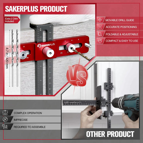 Comparison of cabinet hardware jig showing adjustable drill guide and self centering locator features