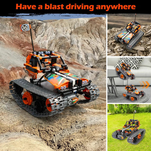 Three In One STEM Robot Kit For Kids Aged 8 To 12 With Remote Control Erector Set shown as all-terrain vehicle on terrain
