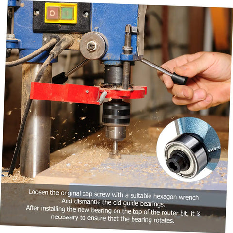 Top Mounted Ball Bearing Kit for Quarter Inch Router Bits Steel Bearings Replacement Guide in operation on router milling cutter