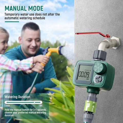 Family using Programmable Sprinkler Timer With Rain Delay, Manual And Automatic Watering, Hose Timer For Garden, Lawn And Yard, 1 Outlet