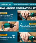 Rivet Nut Drill Adapter And Ratchet Wrench Kit with dual-mode compatibility for electric and manual use, shown with drill and impact driver.