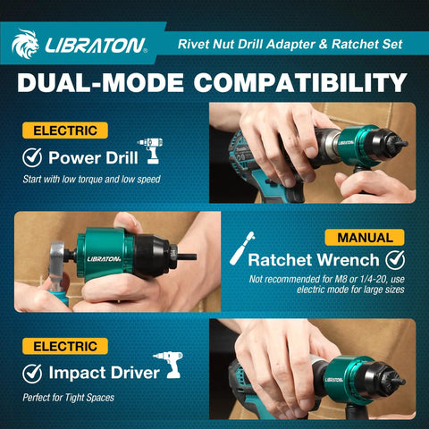 Rivet Nut Drill Adapter And Ratchet Wrench Kit with dual-mode compatibility for electric and manual use, shown with drill and impact driver.