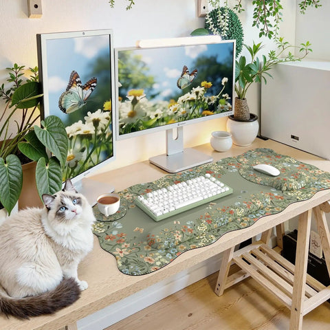 Large Desk Mat With Wrist Rest For Home Office And Gaming, non slip floral mouse pad with scalloped edges, green cottagecore style