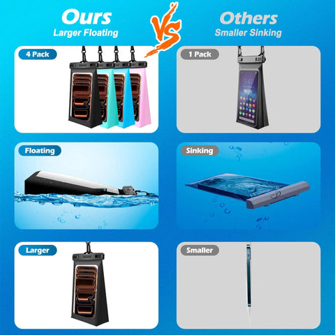 Comparison of 4 Pack Floating Waterproof Phone Pouches With Triangular Buoyancy Design vs single pack sinking pouch.
