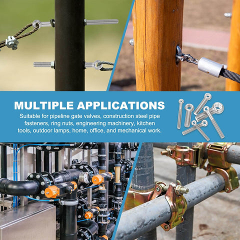 Image showing multiple applications of 6 Pcs M10x75mm Shoulder Swing Lifting Eye Bolts, 304 Stainless Steel Fisheye Eye Slip Hole Rigging Bolts in use.
