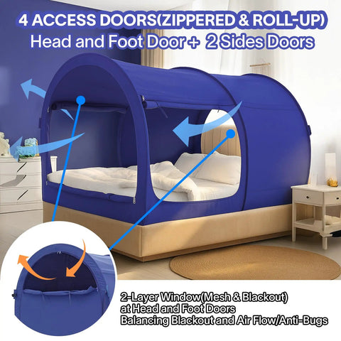 Full Size Bed Canopy Tent For Privacy And Comfort, Dream Space Pop Up Indoor Tent With Portable Frame And Breathable Curtains