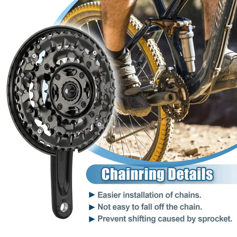 Beefed Up Triple Chainring 170mm Crankset Upgrade Kit For Mountain City Fat And E Bikes With 42T 32T 22T Gearing Six Seven Eight Speed Compatibility Forged Alloy Cranks For Smooth All Terrain Riding with chainring details and bike in background.