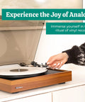 Electrohome Montrose Vinyl Record Player With Belt Drive Turntable And Audio-Technica Stylus Speed Control Motor Built-In Preamp Wood Plinth