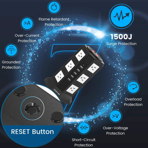 Beefy Heavy Duty Surge Protector Power Strip Tower With 12 AC Outlets, 3000W 15A, 5 USB Ports and reset button detail