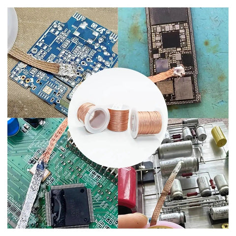 Pro Grade Solder Wick Desoldering Copper Wire Braid 8M Long For PCB BGA Cleanup in use on various circuit boards.