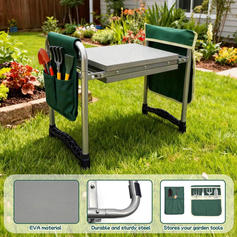 Heavy Duty Garden Kneeler And Seat With 11.5 Inch Wide Pad, Foldable Stool With Dual Tool Bags in garden setting