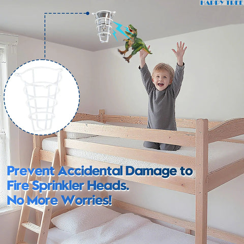 Heavy Duty White Fire Sprinkler Head Guard Cover 4 Pack shown in a child's room protecting sprinkler heads from accidents.