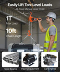 Worker using 1 Ton Lever Chain Hoist With 10 Ft Lift G80 Chain Dual Pawl Mechanical Brake to lift heavy equipment in warehouse