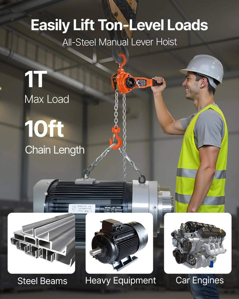 Worker using 1 Ton Lever Chain Hoist With 10 Ft Lift G80 Chain Dual Pawl Mechanical Brake to lift heavy equipment in warehouse