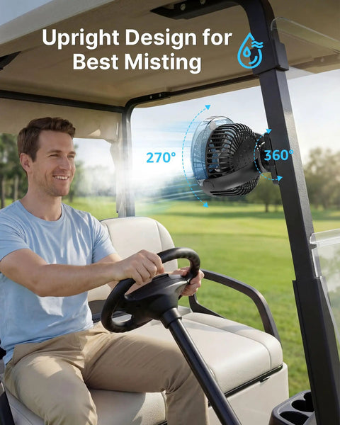 Man using No Sweat On The Course With This Magnetic Golf Cart Misting Fan, showcasing upright design in a golf cart.