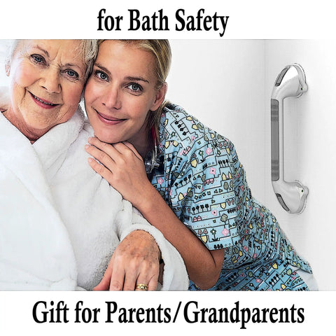 Elderly woman and caregiver smiling near 16.5 Inch Suction Bath Grab Bar With Indicators For Balance Help Shower Handle.