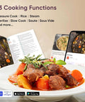 Workhorse All In One 6 Qt Pressure Cooker showcasing cooking functions with stew, phone recipes, and recipe book