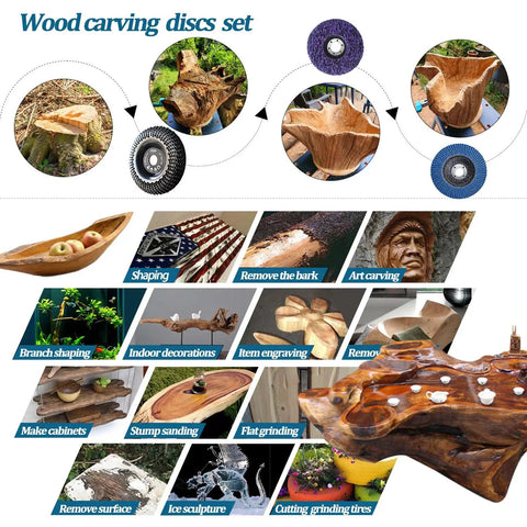 Wood Carving Disc Set Seven Piece Kit For 4 And 4-1/2 Inch Angle Grinders showing various wood carving and polishing results.