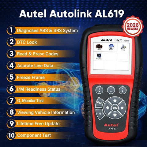 AutoLink AL619 Scanner displaying DTC and ABS SRS diagnostic features on screen for OBD2 cars 1996-2015