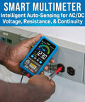Person using AMM-600 Auto Smart Digital Multimeter Pro Grade Tool ETL Certified 4000 Counts TRMS to test voltage on power outlet.