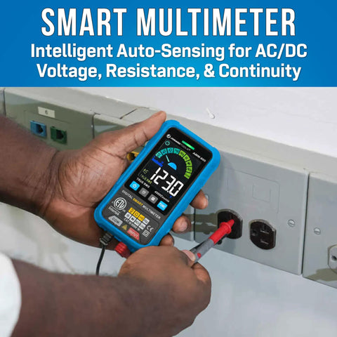 Person using AMM-600 Auto Smart Digital Multimeter Pro Grade Tool ETL Certified 4000 Counts TRMS to test voltage on power outlet.