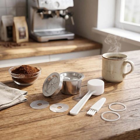 Double Filter Stainless Steel Reusable Coffee Pods With Fast Twist Screw Switch For Custom Ground Roasts That Hit Different Every Single Morning You Crave Bold Flavor, alongside coffee tools and grounds