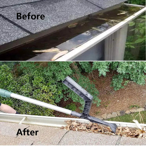 Before and after using Gutter Cleaning Spoon Tool With Threaded Design For Roof Gutters And Home, showing cleared debris
