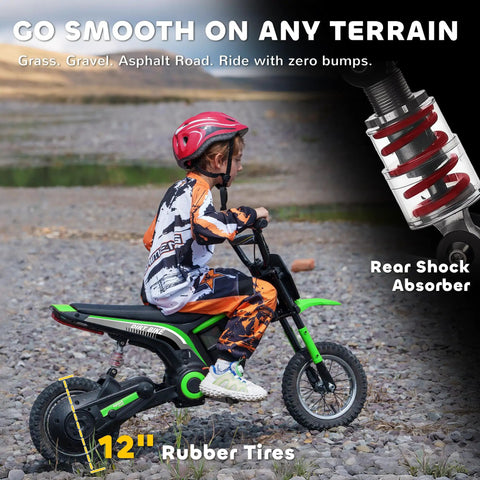 Electric Dirt Bike For Teens 13 Plus 24V 350W Off Road Motorcycle With Twist Grip Throttle Rear Suspension Up To 15 MPH Brake Music Horn Green Great For Outdoor Fun And Easy Assembly