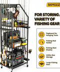 Rolling Garage Fishing Rod Organizer Cart With Pegboard And Lockable Wheels 3 Tier Pole Rack With Storage for 12 Rods and Gear.