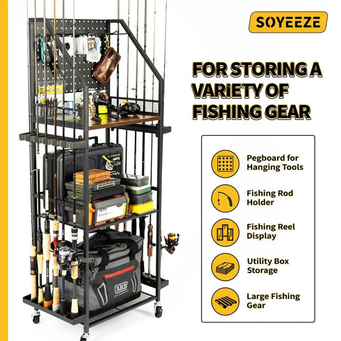 Rolling Garage Fishing Rod Organizer Cart With Pegboard And Lockable Wheels 3 Tier Pole Rack With Storage for 12 Rods and Gear.