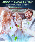 MERV 13 Cabin Air Filter with activated carbon used in a car with family, dog, and leaves symbolizing fresh air filtration