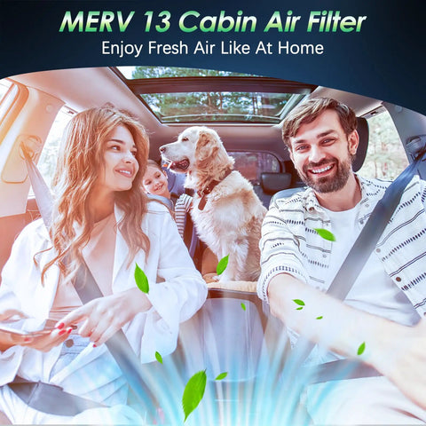 Family enjoying fresh air in car with MERV 13 Cabin Air Filter, highlighting clean air benefits and filter features.