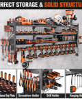 Forty Nine Point Eight Inch Wide Heavy Duty Power Tool Organizer Wall Mount With Four Layer Storage Rack And Fourteen Cordless Drill Holders For Garage Or Workshop Black showing full shelves with tools and accessories.