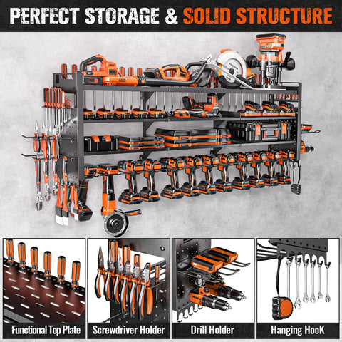 Forty Nine Point Eight Inch Wide Heavy Duty Power Tool Organizer Wall Mount With Four Layer Storage Rack And Fourteen Cordless Drill Holders For Garage Or Workshop Black showing full shelves with tools and accessories.
