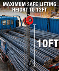 Heavy Duty 3 Ton Manual Chain Hoist With 6000 Lb Capacity And 10 Foot Travel lifting steel rods from a truck, showcasing 10ft travel.