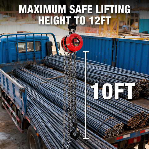 Heavy Duty 3 Ton Manual Chain Hoist With 6000 Lb Capacity And 10 Foot Travel lifting steel rods from a truck, showcasing 10ft travel.