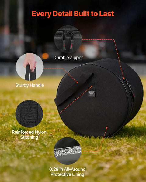 Tour Tough Five Piece Drum Case Set Crafted From Durable 600D Nylon With Heavy Padding features durable zipper and sturdy handle.