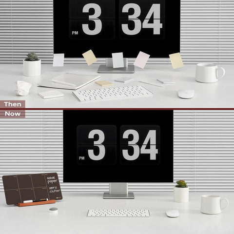 Your Desk Go To Weekly Glass Dry Erase Board With Detachable Wood Stand In Burgundy Red Small Desktop Calendar To Do List Planner Whiteboard 12x6 next to computer monitor and keyboard in modern office setting