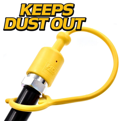 Four Pack Hydraulic Quick Coupler Dust Cap And Plug Set For Quarter Inch ISO Fittings Red And Yellow Caps Workhorse Tearproof Design Lifetime Warranty Compatible With Three Eighths ISO Fittings And M132034 close-up with yellow cap.