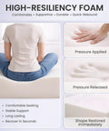 High-resiliency foam demonstrating comfort and quick rebound; person sitting, hand pressing to show pressure responses.