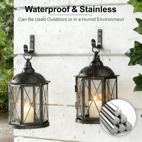 Heavy Duty Black Metal Wall Hooks 15 Pack For Hanging Coats, Bags, Towels And Robes, Screw In Mount, Wall Mounted Hooks For Bathroom Entryway And Garage, Holds Up To 20 Lbs Each shown with lanterns outdoors.