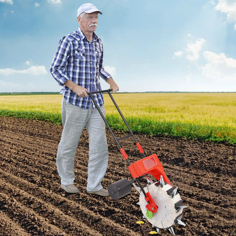 Man using Manual Seed Planter With 10 Nozzles Roller Seeding System, Walk Behind Garden Seeder For Corn Cotton Soybean Peanut