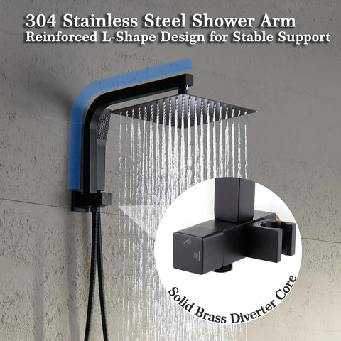 Matte Black Shower Faucet Set With 10 Inch Rainfall Head And Handheld Sprayer High Pressure Bath Kit showing reinforced L-shape stainless steel shower arm.