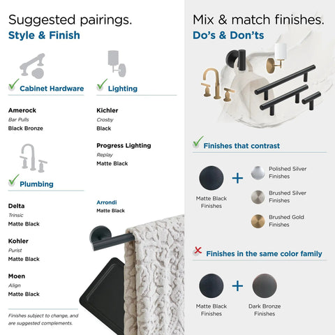 Guide showing pairings and finishes for Matte Black Single Post Toilet Paper Holder Seven And A Quarter Inch Arrondi Bath Tissue Holder Durable Stainless Steel Bath Hardware For Modern Bathrooms.
